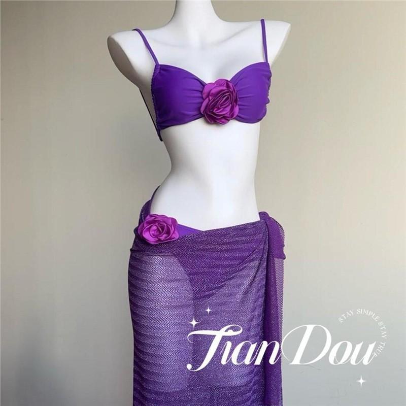 

Rosemary High-end Purple White Vacation Hot Swimsuit Bikini Split Skirt Three Piece Set Women S