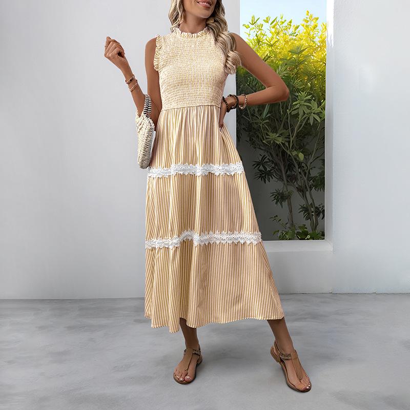 Summer 2026 Middle East High-End Lace Trim Patchwork Maxi Slip Dress with French Stripes