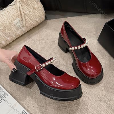 Fashion Comemore Mary Jane Single Shoe Women Spring Autumn Chunky High Heeled Female Shoes Casual Thick Bottom Pearl Retro Loafers Pumps
