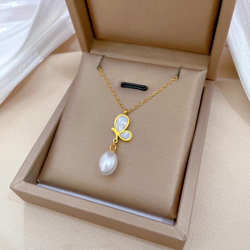 Butterfly Pearl Shell Temperament Personality Minimalist Wind Stove Real Gold Female Collarbone Necklace