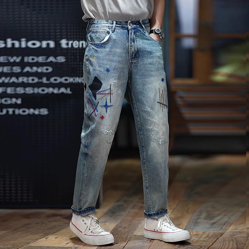 

Весенние американские рваные моющиеся джинсы мужские свободные прямые большого размера красивые повседневные брюки 36 синий