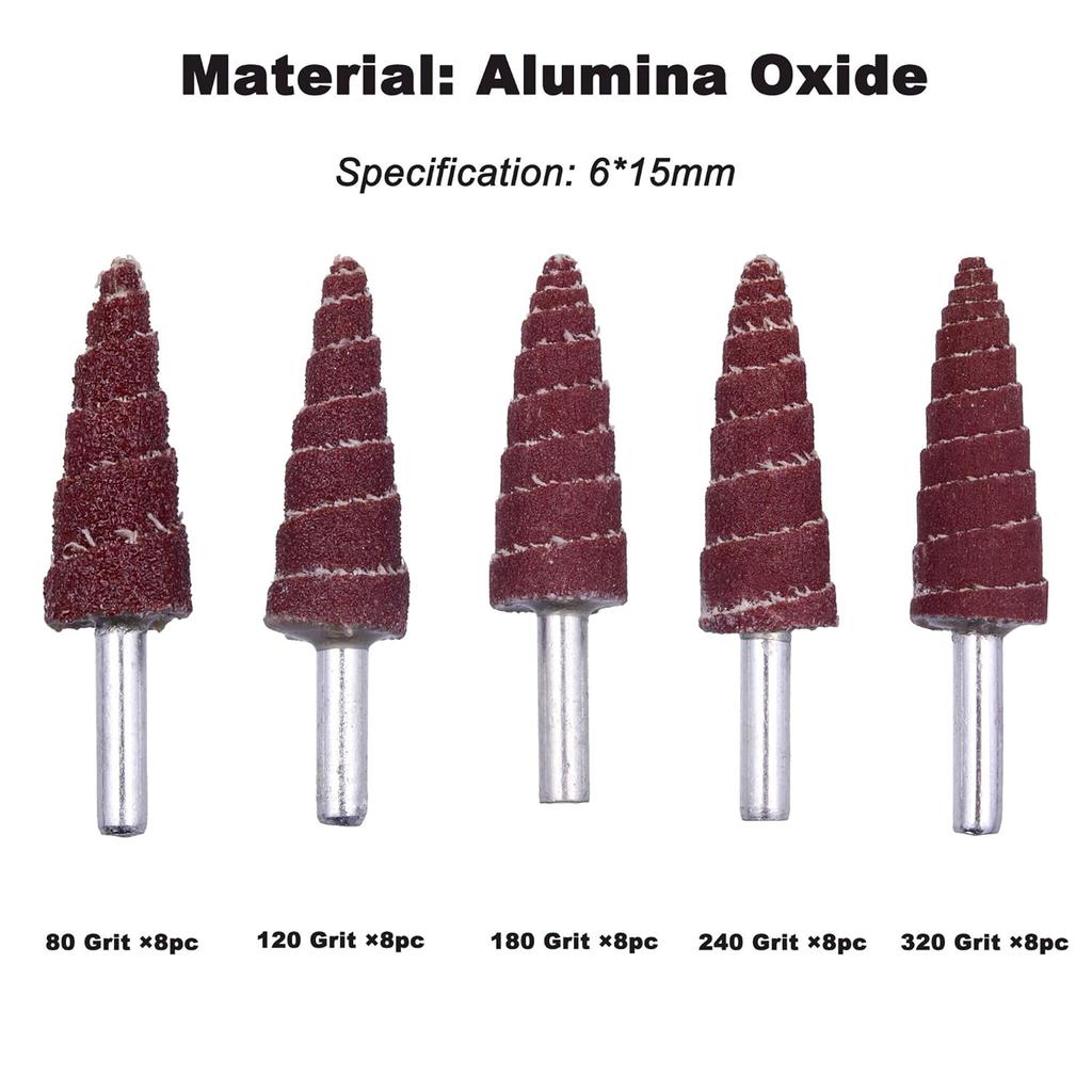 40Pcs Cone Shape Abrasive Sandpaper 1/4 Inch Shank Flap Wheels, 80/120/180/240/320 Grits Aluminum Oxide for Removing Rust, Deburring, Polishin