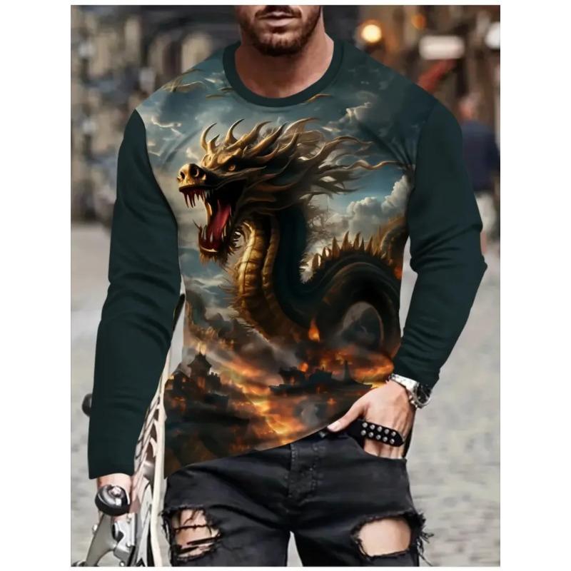 Round Neck 3D Dragon Print T-shirts Casual Short Sleeved Men's T-shirts - Soft Medium Stretch Polyester Fabric Spring and Autumn Relaxed Fit Clothing