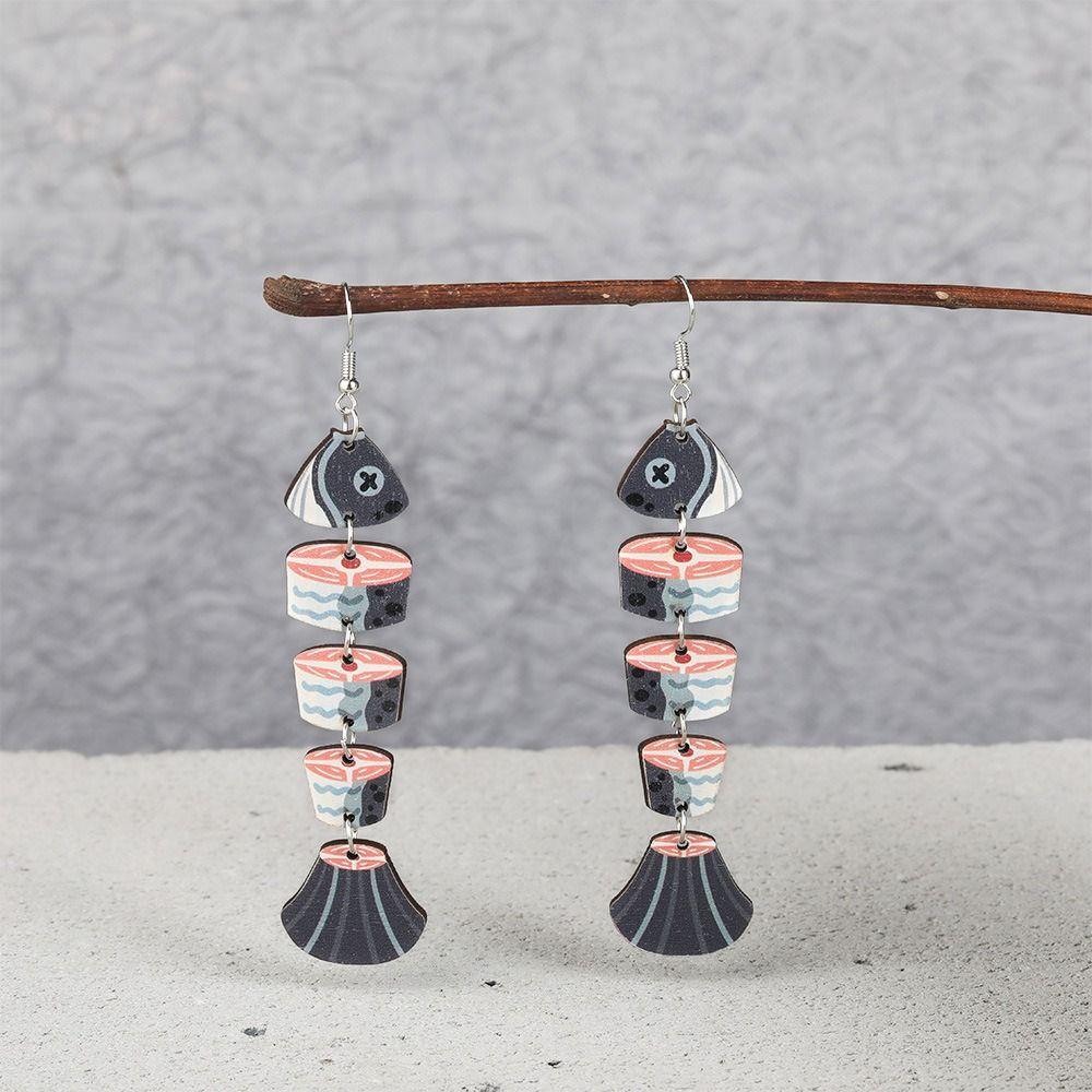 5Pairs Hook Piercing Fish Drop Earrings Acrylic Wood Beach Drop Earrings Salmon Fish Earrings  Women