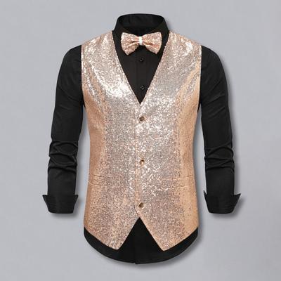 Colete masculino com decote em V, sem mangas, peito único, para show de palco, colete com bolsos, ajuste fino, lantejoulas brilhantes, gravata borboleta, casamentos, bailes, colete
