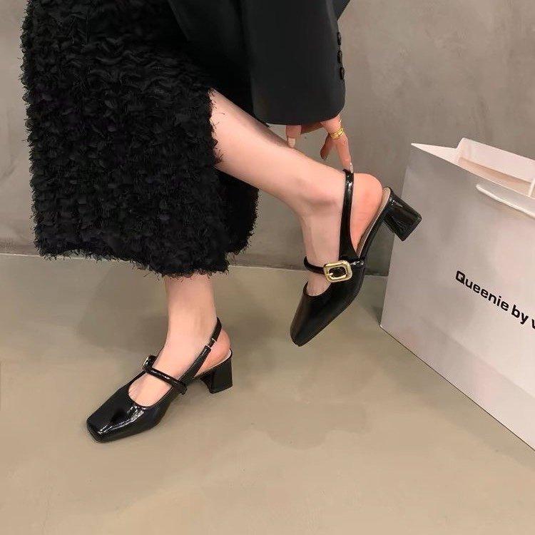 French red bag head sandals women's shoes 2025 new summer square head medium high heel silver Mary Jane single shoes