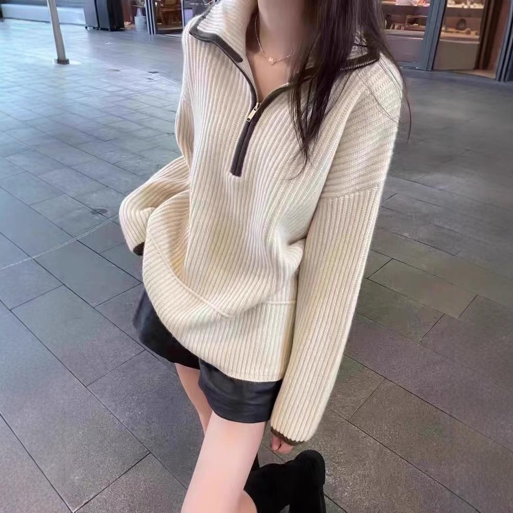 Women's Pure Wool High-Neck Half-Zip Cashmere Sweater - Loose Fit for Autumn/Winter