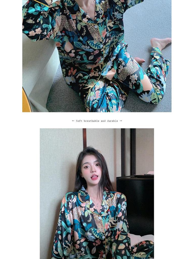 Women's Ice Silk Pajama Set: Long Sleeve Cardigan & Pants