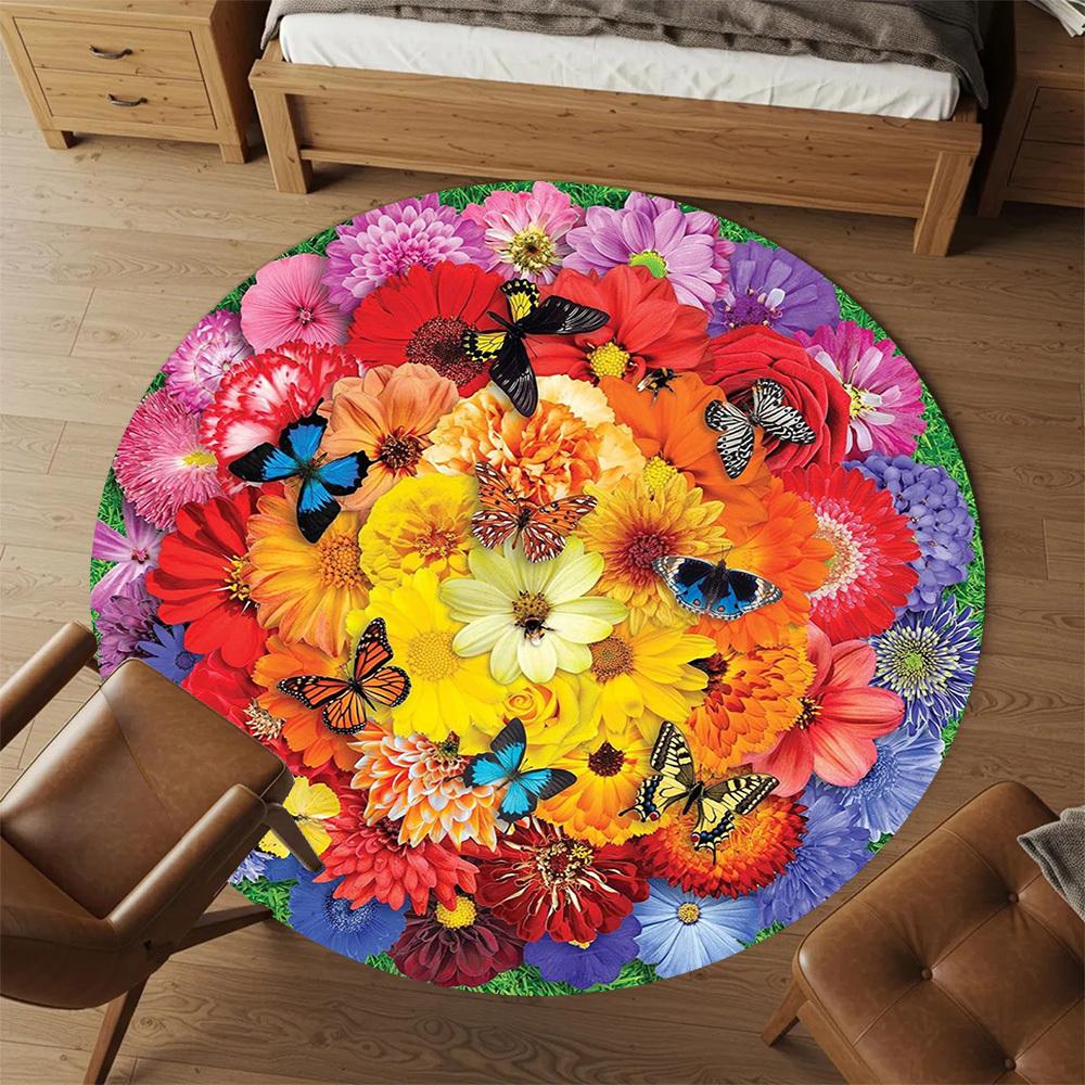 1pc Flower Bouquet Butterfly Pattern Office Round Rugs, Under Chair Round Rugs for Living Room, Bedroom, Bathroom Decoration Carpet 091806