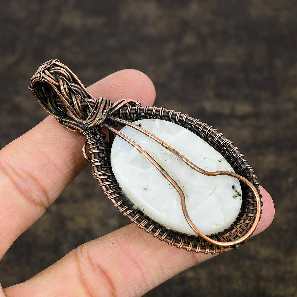 Natural Rainbow Moonstone Gemstone Copper Wire Wrap Gift Pendant 3.07 V5Q53