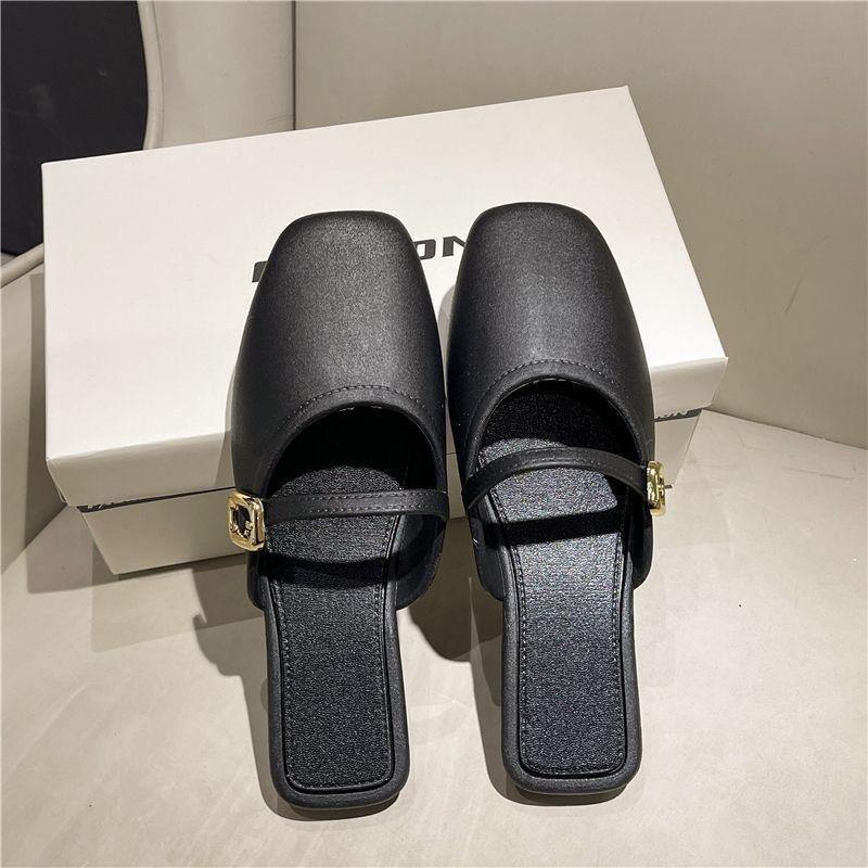 Women's Square Toe Slip On Mule Sandals with Adjustable Buckle Strap Flat Casual Indoor Outdoor Shoes