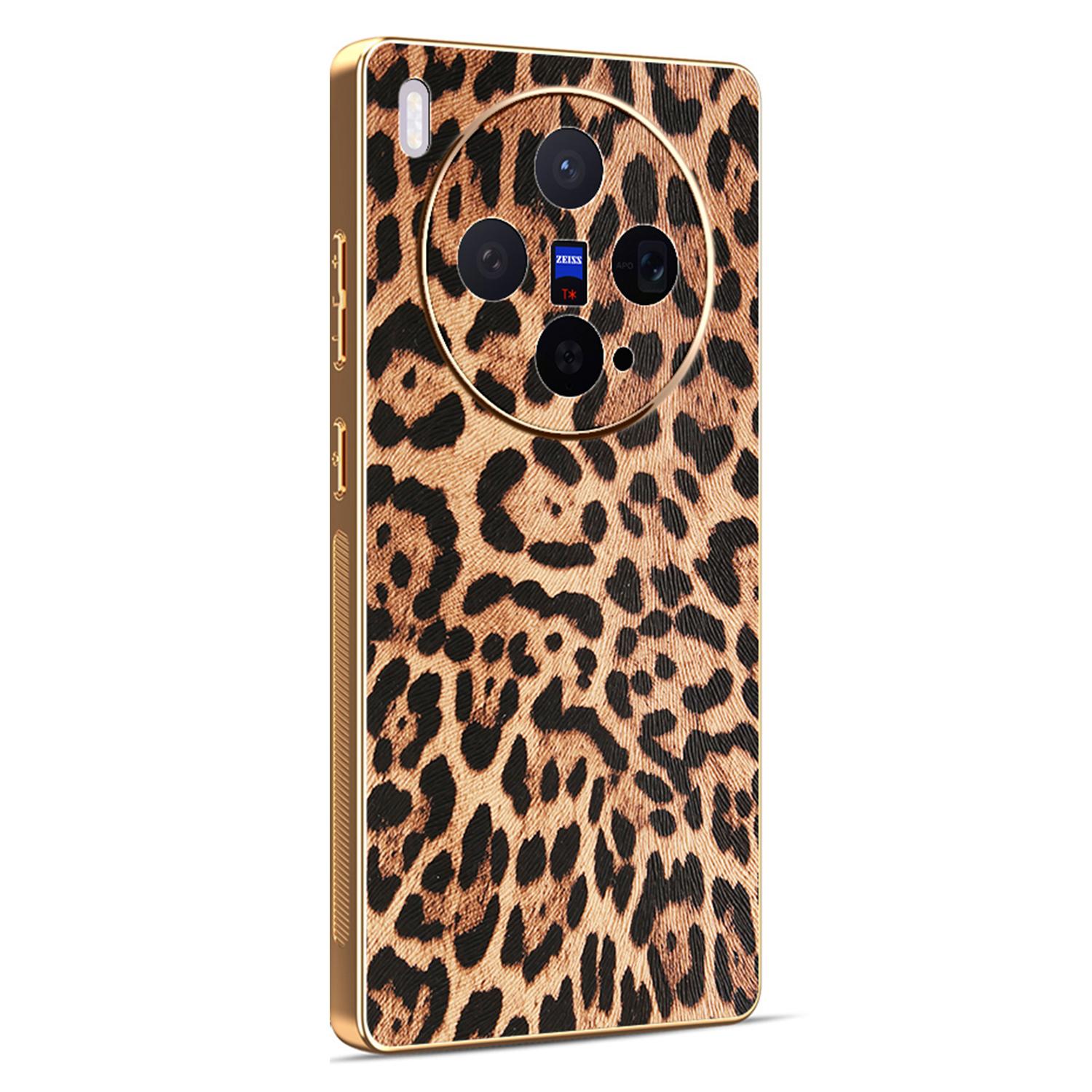

For vivo X300 5G Case Leopard Print PU Leather Coated PC + TPU Electroplating Phone Cover