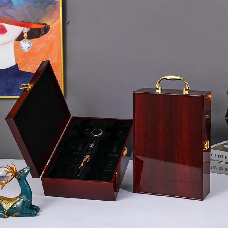 Single/Double Leather Box Wine Bottle Box Luxury Handle Wooden Organizer Gift Wood Wine Holder for 2 Red Wine Packaging