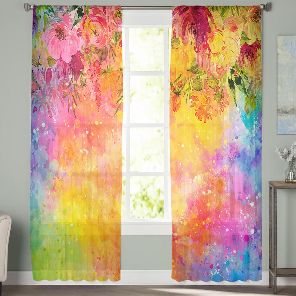Transparente Vorhänge für Jugendzimmer, Aquarellblumen, farbenfrohe Vorhänge für Küche, Arbeitszimmer, Wohnzimmer, Urlaubsdeko, Tüllvorhänge