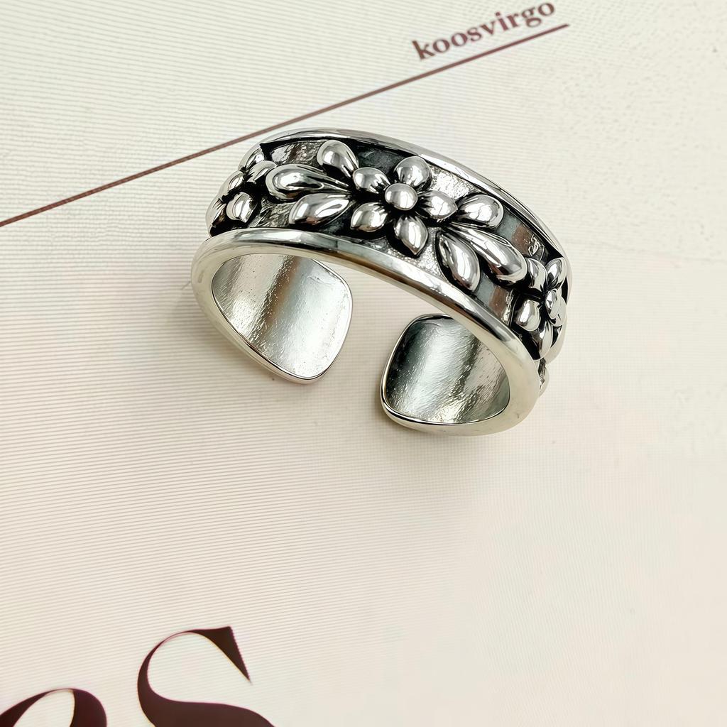 Unisex Adjustable Distressed Flower Open Ring - Versatile Alloy Design