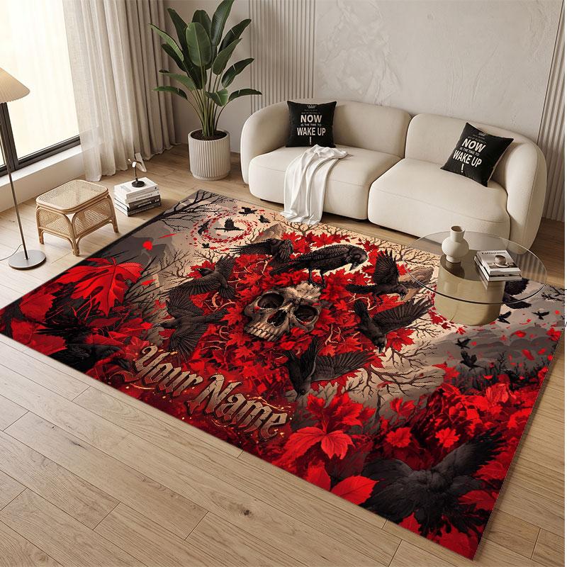Totenkopf Gothic Thema Weicher Kristall-Samt Teppich Benutzerdefinierter Name & Text Druck Rutschfester Boden Teppich für Schlafzimmer Wohnzimmer