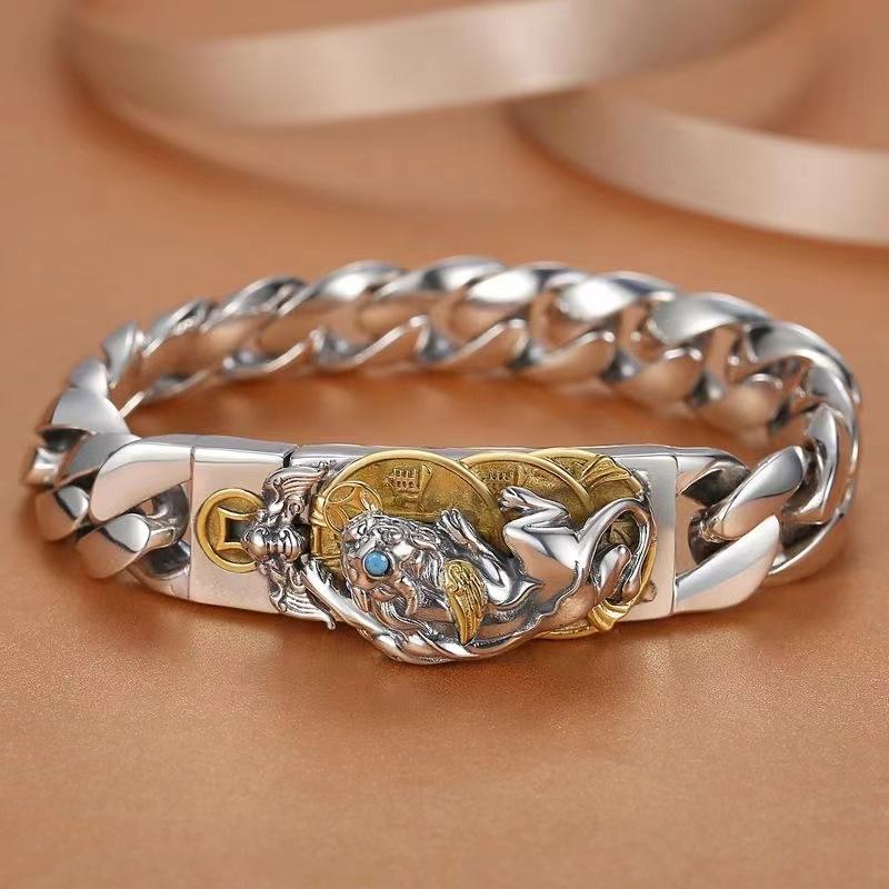 

Этнический стиль посеребренный браслет Пиксю мужской массивный широкий вариант властная личность трендовый мужской толстый стиль застежка-вставка счастливая цепочка 22cm