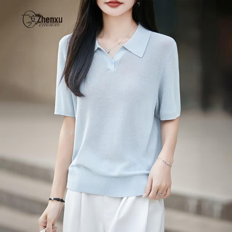 Zhenxu Women's Tencel Linen Polo Knit Top