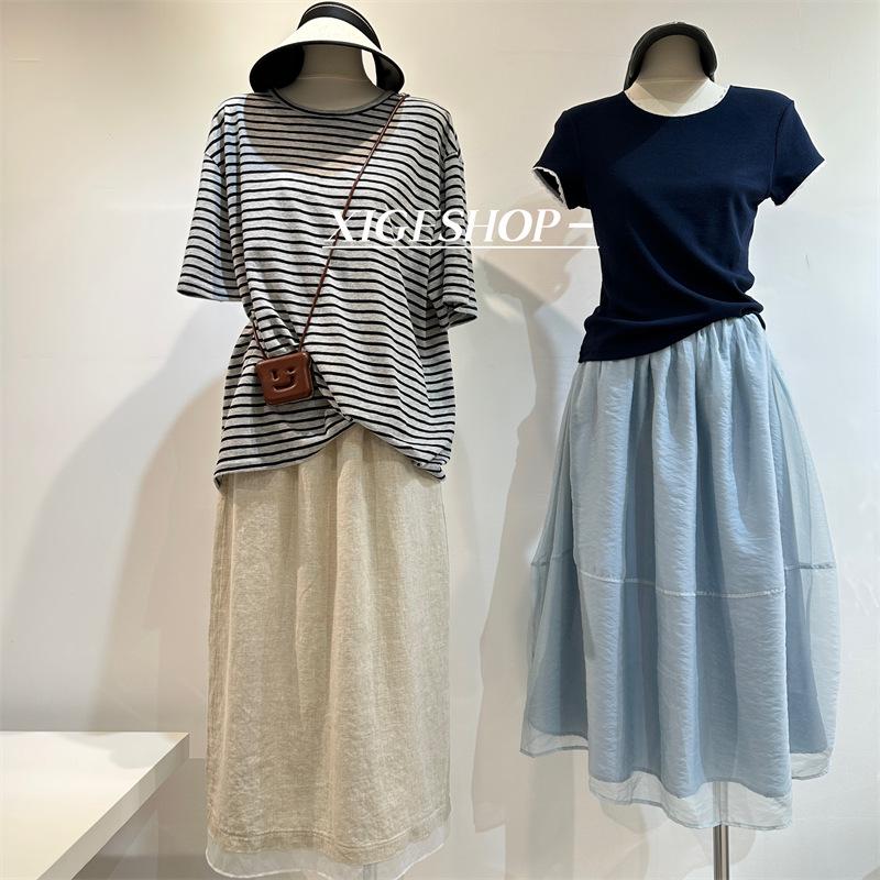 Navy Blue Lace Trim Slim Fit Korean Style Ribbed Stretch Tee, Straight Shoulder Summer T-Shirt