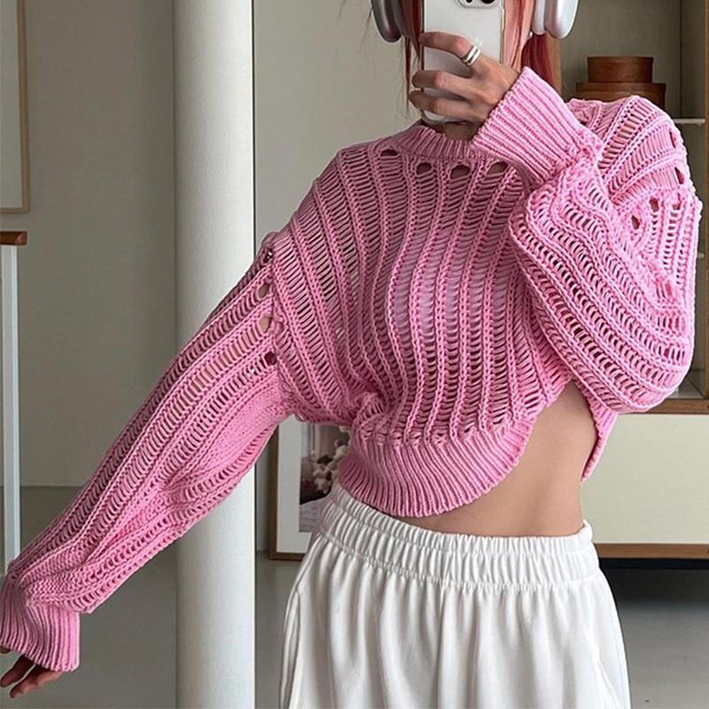 Womens Cropped Knit Sweater Casual Streetwear Long Sleeve Hollow Out Pullover Top
