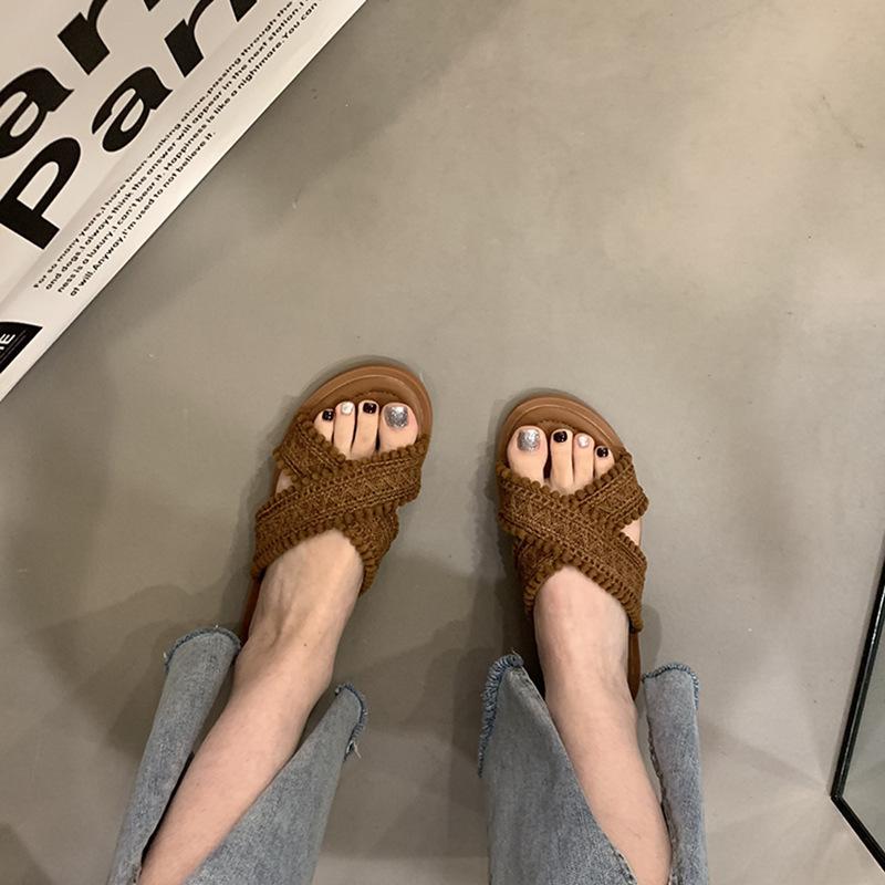 Ethnic Cool Slippers 2025 New Summer Vintage Woven Cross Bohemian Student Flat Bottom Flip