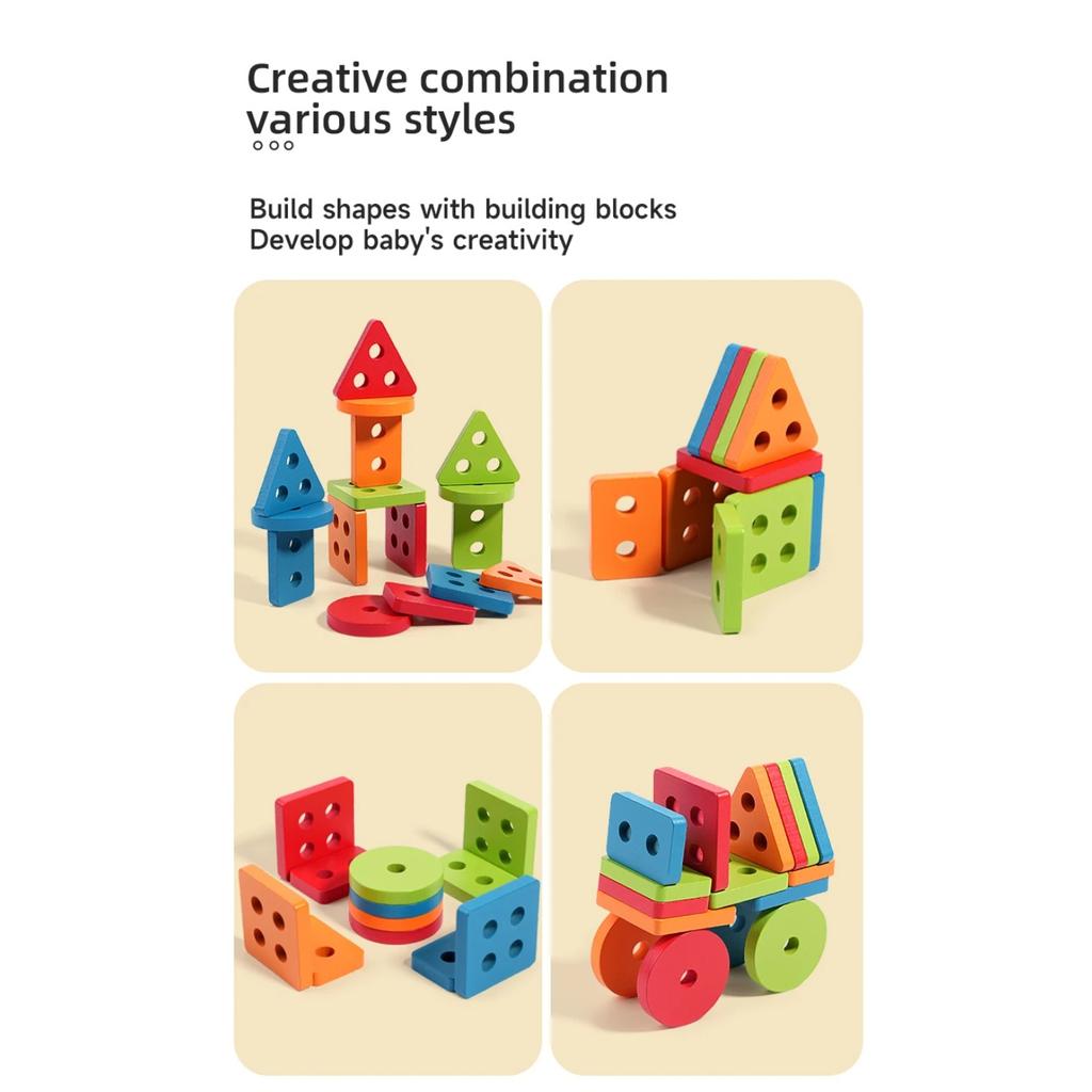 Montessori Toddler Color Sorting Toys 3-in-1 Wooden Shape Stacking Game Early Educational Colorful Learning Activity Blocks
