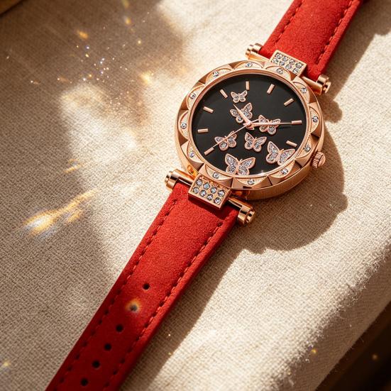 Ladies Butterfly Watch Artificial Leather Strap Quartz Watch Rhinestone Round Dial Fashionable Wristwatch for Women Party Office Date