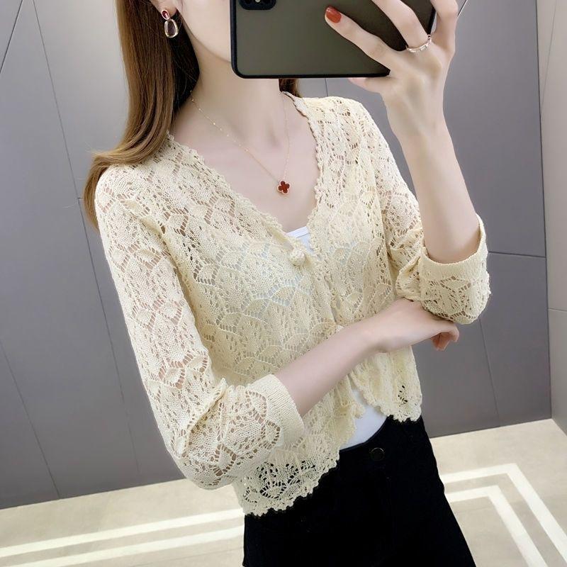 Summer Women's Cut-out Knit Sweater Thin Short Three-quarter Sleeve Sunscreen Cardigan