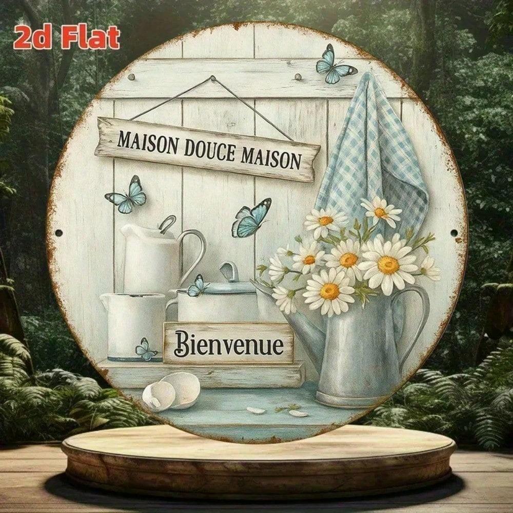 Vintage French Aluminum Welcome Home Round Sign 8x8 Inch Indoor Outdoor Decor
