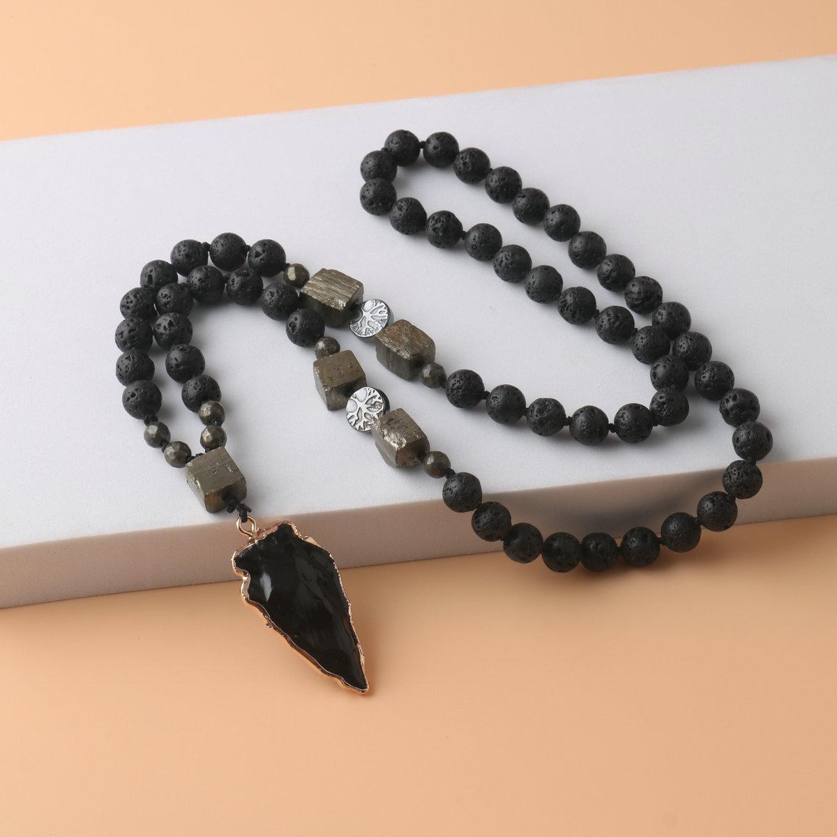 

Obsidian Arrow Pendant, Rosary Bead Necklace, Volcanic Stonehite, Iron Ore, Hand-knotted Necklace, Men s Necklace чёрный