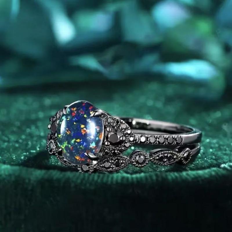 Vintage Black Color Flower Rings for Women Trendy Waterdrop Inlaid with Blue Stone Personalized Creativity Party Rings Jewelry