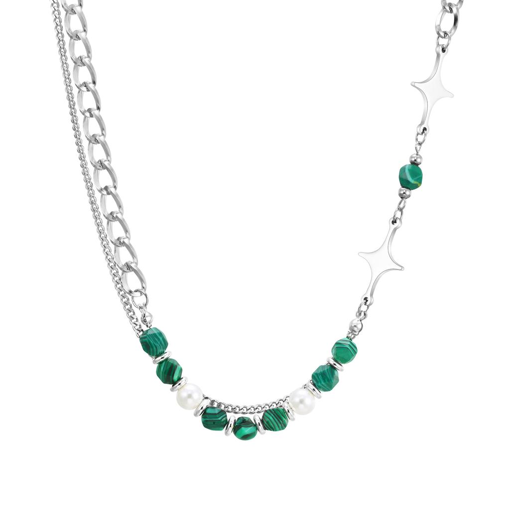 Mprainbow Hiphop Cuban Splicing Bead Chain Necklaces for Men Boys,Green Natural Stone Pearl Collar,Stylish Unisex Jewelry Gift