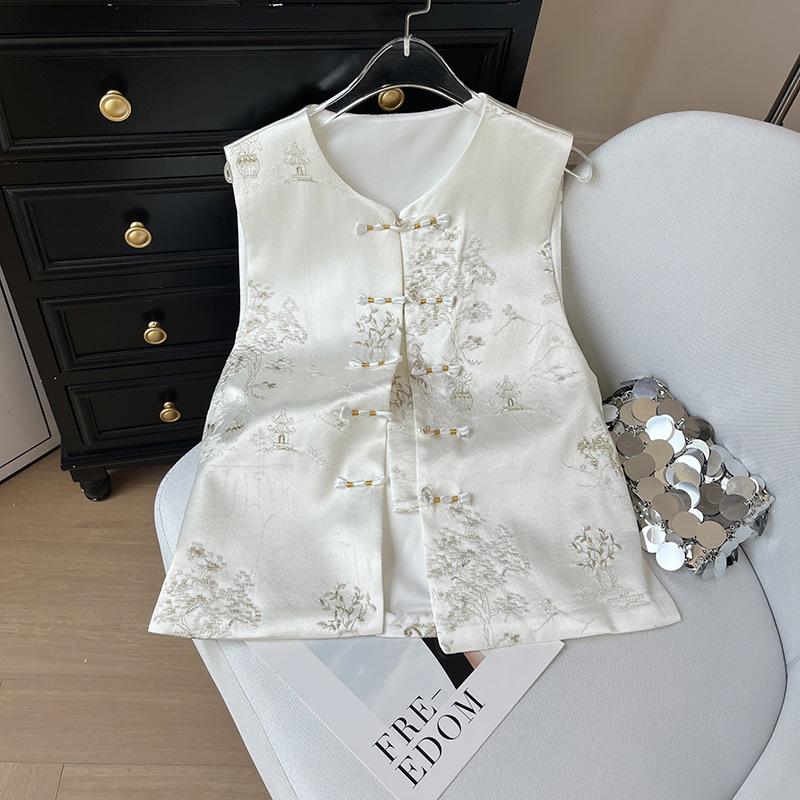 

2025 Vintage Crew Neck Button Satin Jacquard Embroidered Vest Women s Vest Top Vest XXXL [Recommended 138-75kg] белый