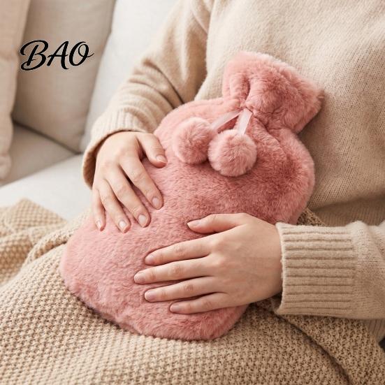 Hot Water Bag with Drawstring 2L Bottle Plush Cover, Pompom Lightweight Bag, Winter Warm for Hands, Feet, Stomach