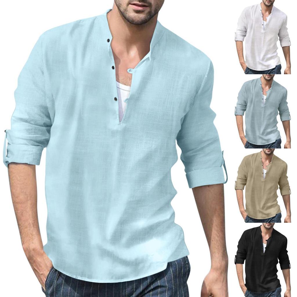 Men's Linen Henry Shirt Stand-up Collar Long-sleeved Casual Beach Shirt