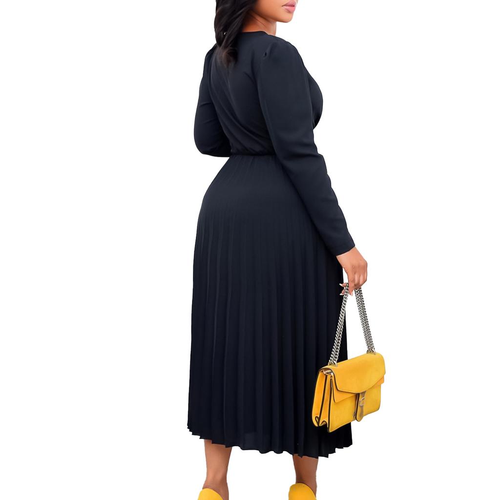Large Size Women Fashion Solid V Neck Long Sleeves Dress Ladies Elegant One Piece Lace Up Slim Pleated Dress