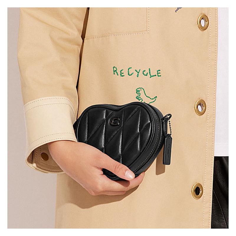 Coach Heart 14 Solid Color Chain Zipper Closure Striped Quilted Heart Shape Sheepskin and Cow Leather Shoulder Crossbody Bag Mini Women's Black