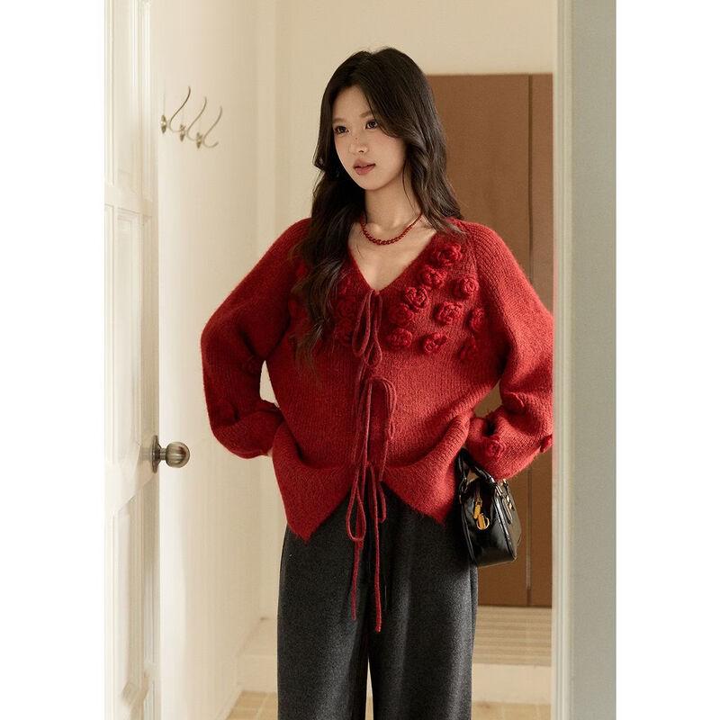 Women s V-Neck 3D Floral Knit Cardigan One Size