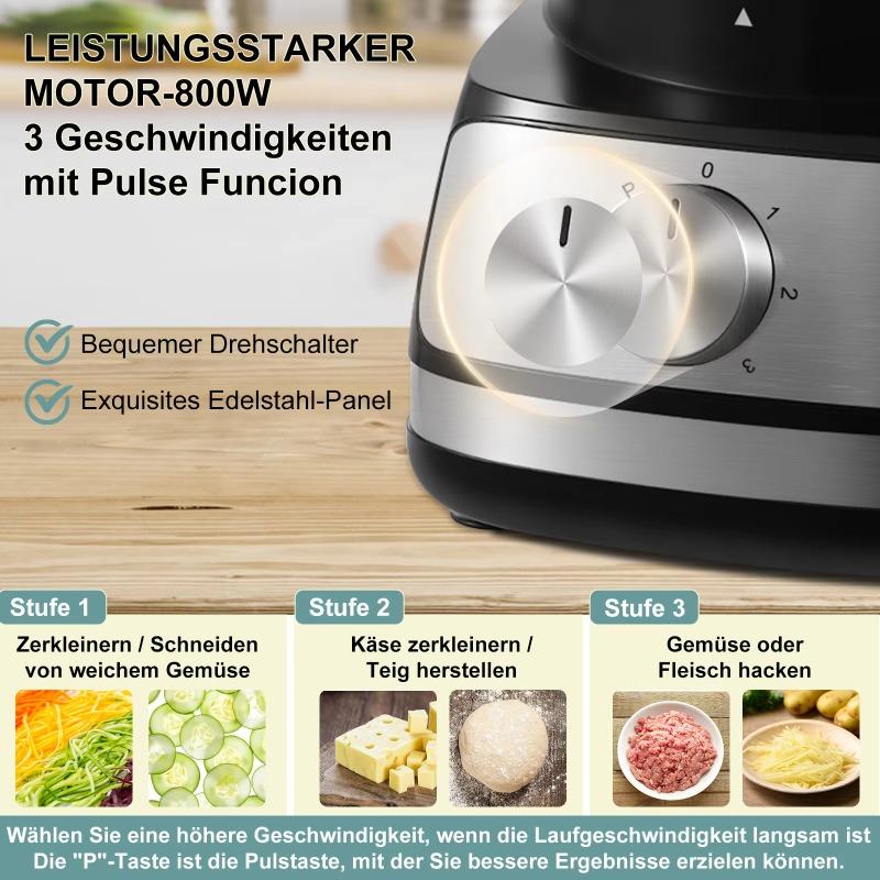 TopStrong 6-in-1 Food Processor 800W 2L Silver Multifunctional Chopper Slicer Shredder Kneader Dough Blender 3 Speeds Pulse EU
