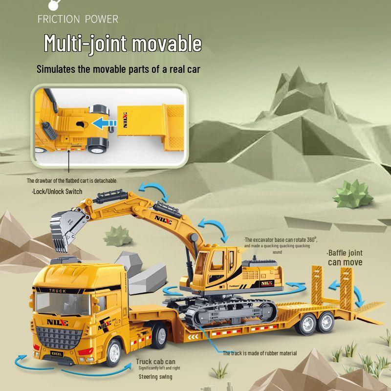 Large Flatbed Transport Truck Semi-Trailer Dolly Toy: Children's Inertial Car, Engineering Excavator, Military Vehicle.