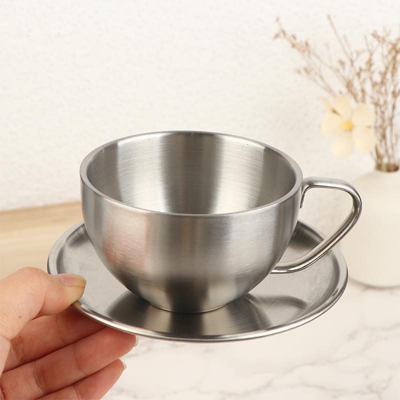 Stainless Steel Coffee Cup Mug Saucer Spoon Heat Resistant Milk Cup Saucer Spoon Kitchen Drink Water Cup Tableware