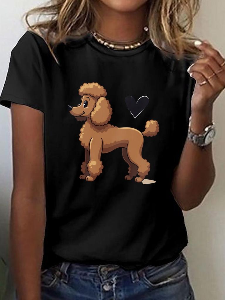 Casual Short-Sleeve Crew Neck Top for Women Featuring A Poodle Design with An Artistic Heart Print, Perfect for Spring and Summer