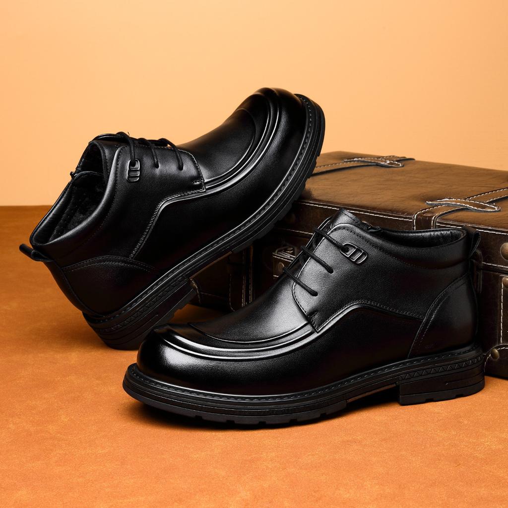 2025 autumn and winter velvet men's Martin boots genuine leather high-end men's boots first layer cowhide trend high-top leather shoes