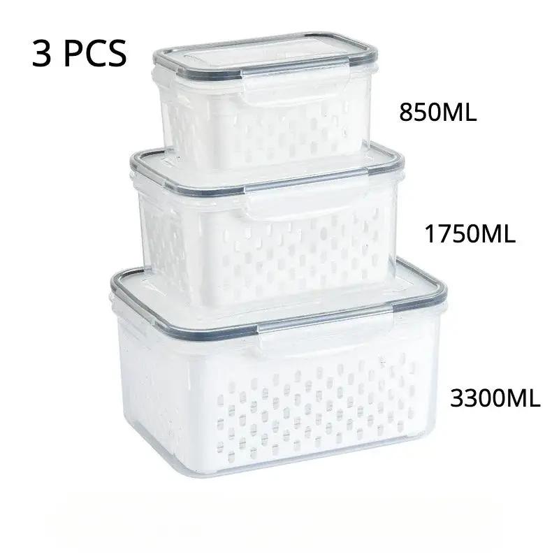 Refrigerator Storage Box Sealed Fresh-Keeping Container-Fridge Organizer with Drain Basket for Veggie Fruit Food Pantry Storage