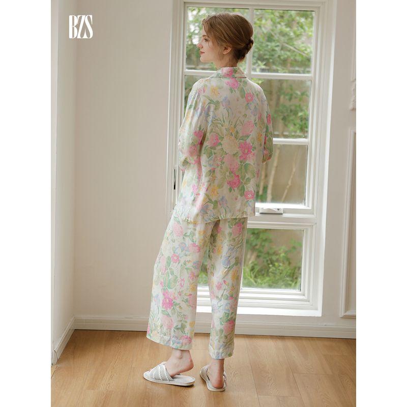 Summer 2024 New Minimalist Floral Pastoral Style Pajamas Two-piece Set Long Sleeves Pants Can Be Outerwear Homewear