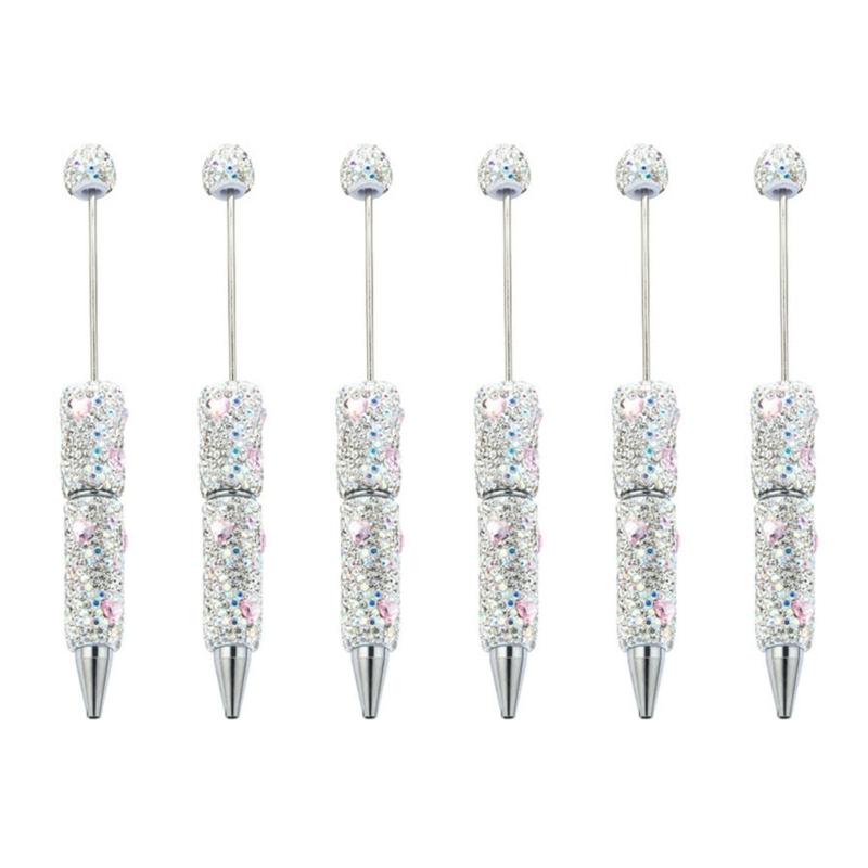 6pcs Rhinestones Fancy Pen Ballpoint Pen Smooth Writing Pen 1.0mm Glittering Beadable Pen Stationery Pen for School