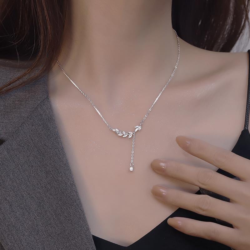 LT-046 S925 Sterling Silver Tassel Wheat Ear Necklace Women's Light Luxury Niche Design Sense High-end Collarbone Chain