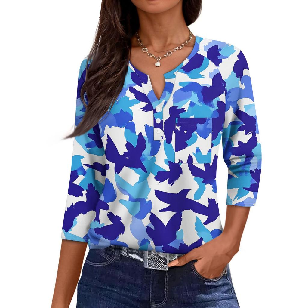 Ladies Casual Fashion V-neck Loose Versatile Floral Print Three-quarter Sleeves