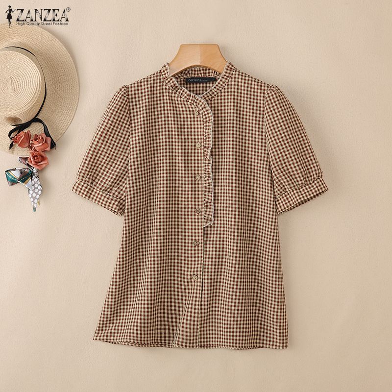 ZANZEA Women Casual Round Neck Grid Print Summer Short Sleeve Blouse