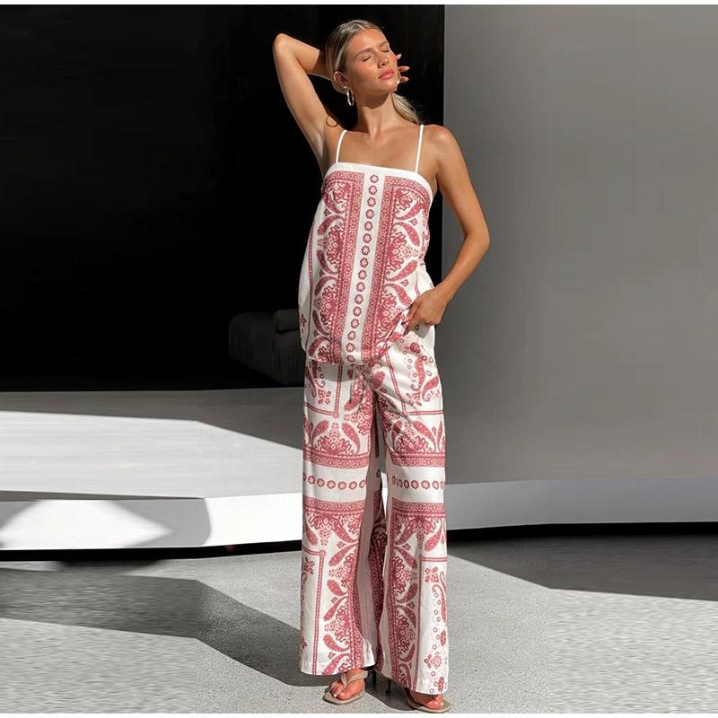 Vintage Print Strap Vest Pants Set Women Sleeveless Backless Tube Top Wide Leg Loose Trousers Female 2025 Fashion Holiday Suit